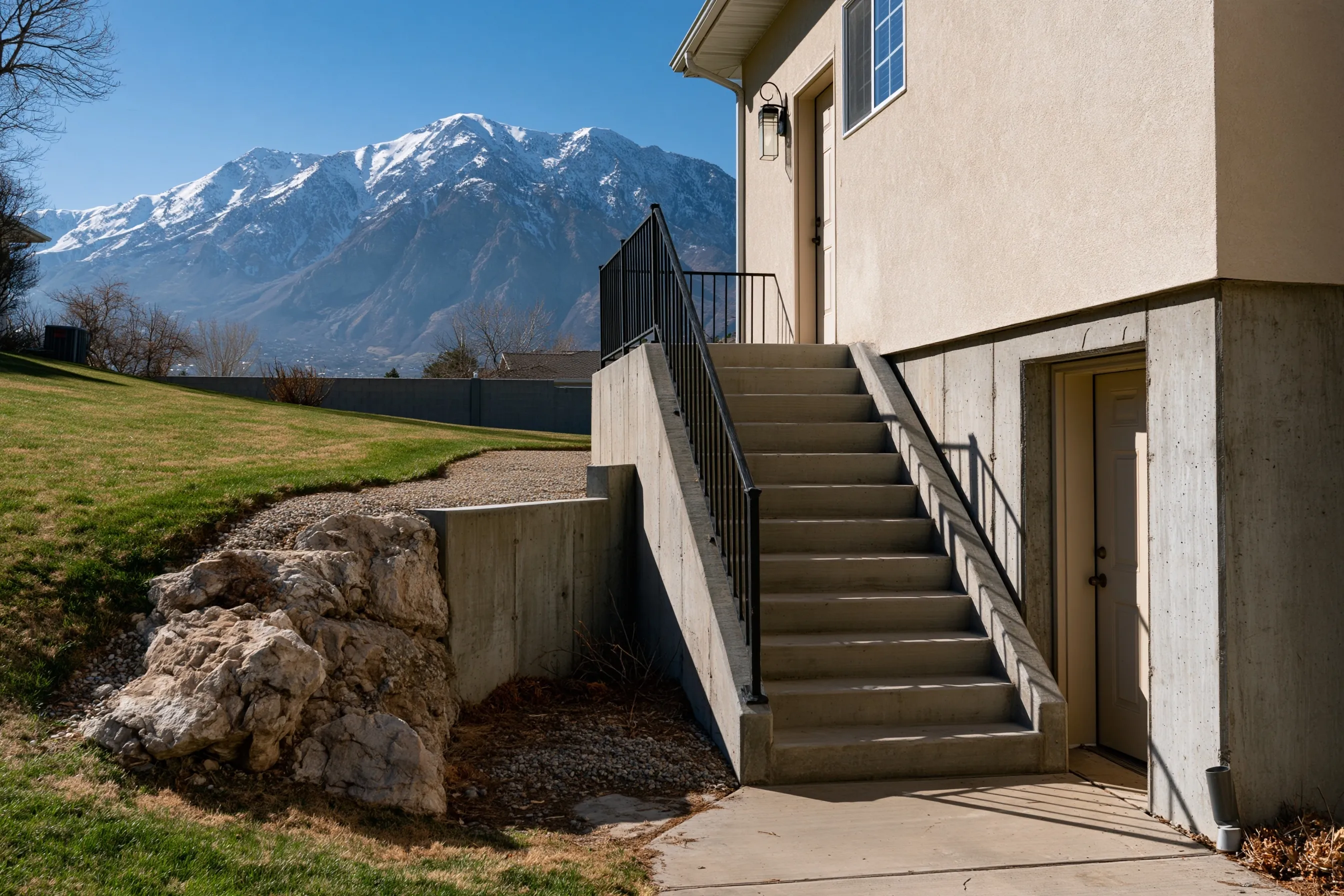 Side entrance to a lower-level unit of a stucco house, with a door at the foot of an exterior concrete stair with a black metal railing, a boulder retaining wall, a gravel path and snow-capped mountains behind