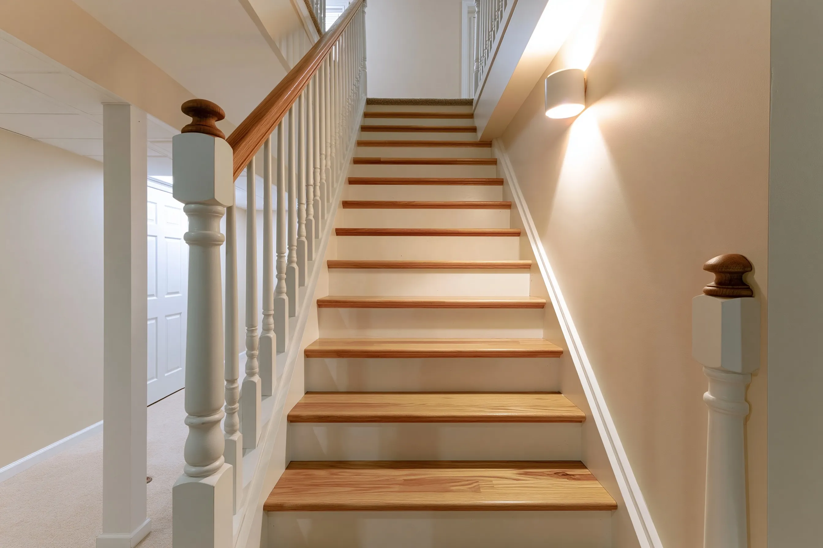 Open basement staircase with oak treads, white risers, a wood handrail with white balusters, drywall walls and a wall light above the stairs