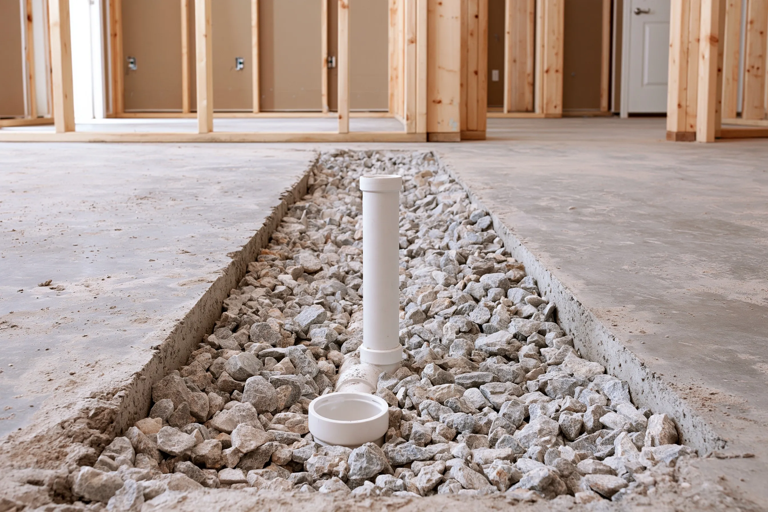 Saw-cut trench in an unfinished basement concrete floor with white PVC drain pipe and a floor drain stub, gravel visible and framing for a bathroom wall nearby