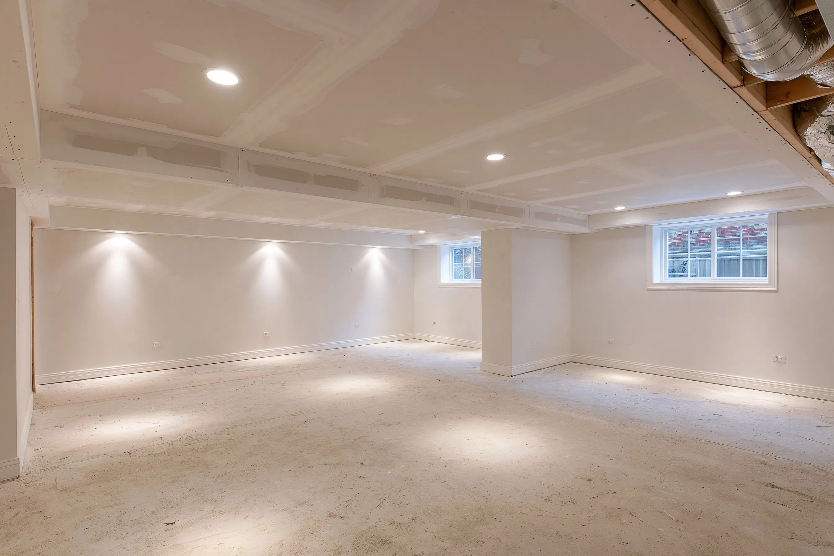 Basement ceiling with drywall hung and taped, recessed light cans cut in, a soffit around a duct and a primer coat partly rolled on