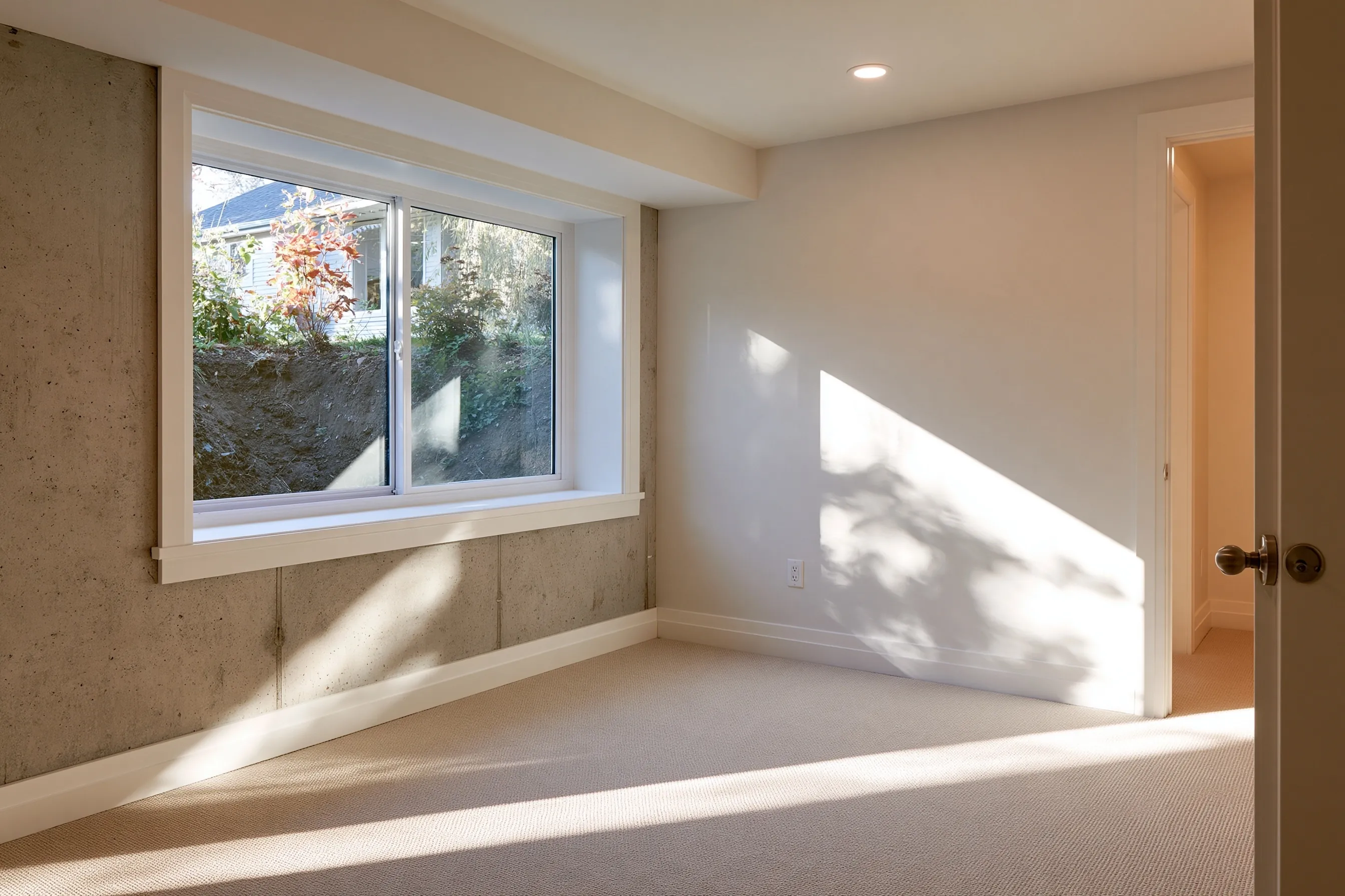 Empty finished basement room with a wide horizontal sliding window set in the concrete foundation wall, daylight falling on the carpet and a sloped yard outside