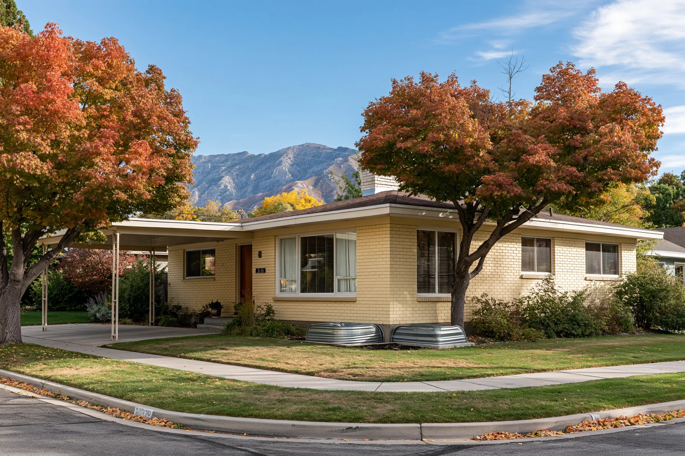 Front of a 1950s pale yellow rambler on a corner lot with a carport, galvanized window wells at the foundation, autumn maples and the Wasatch Mountains behind