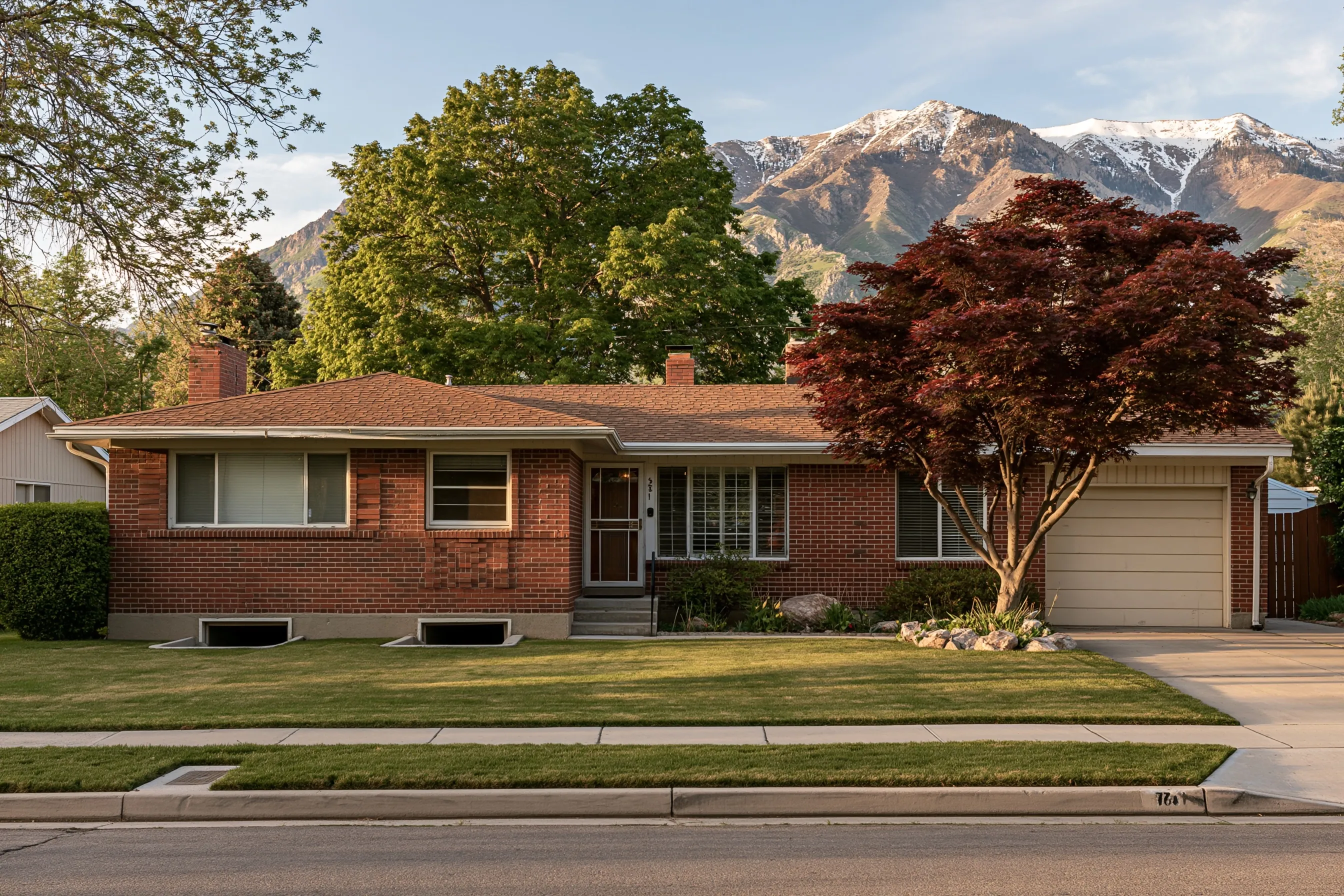 Front of a brick rambler with a low-pitch roof, an attached single garage, two window wells at the foundation, mature maples and the Wasatch Range behind in early evening light